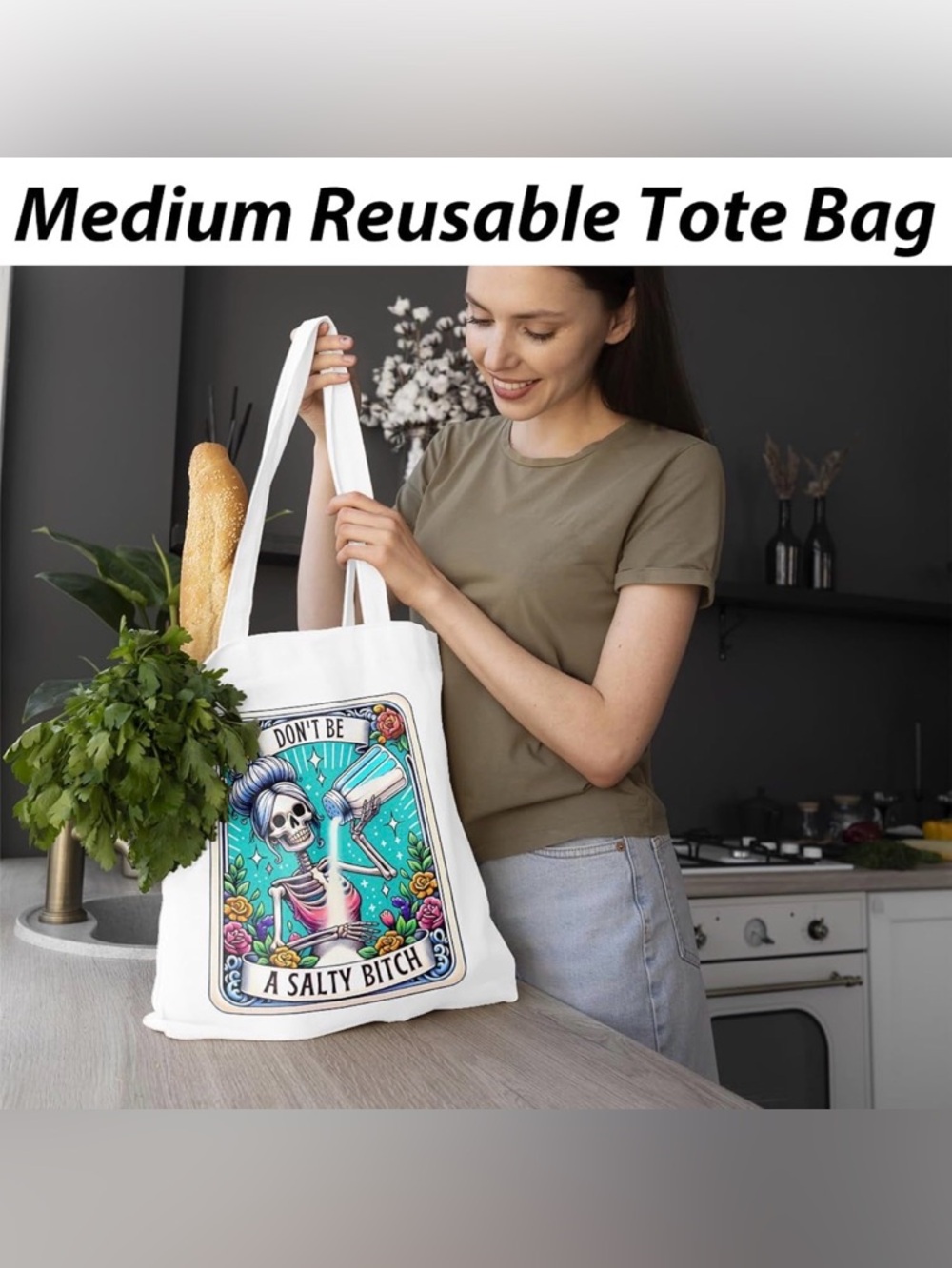 NWT Don't Be A Salty B!tch Skeleton Tote Bag Cotton Eco-Friendly Tarot Style - Picture 3 of 7